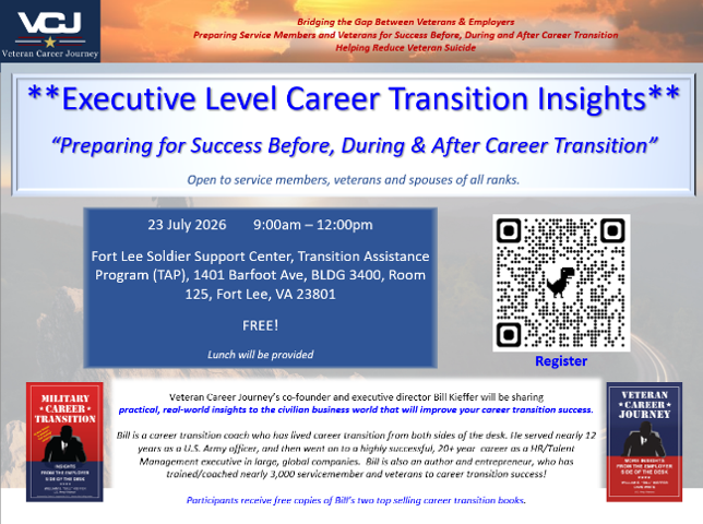 Just Two Days Until Veteran Career Journey's Next Ft Lee-area Career Transition Seminar!