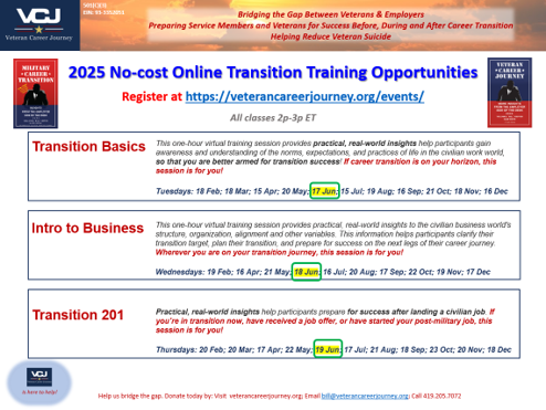 Register for VCJ's June '25 No-Cost, No-Nonsense, Online Transition Training Couses!